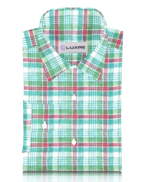 Cool Frame Sharp Look Green Red Madras Linen Shirt