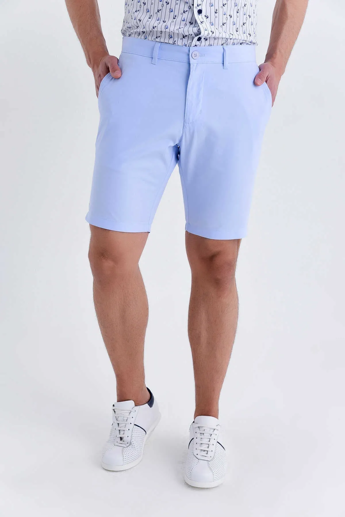 Regular Fit Side Pocket Low Waist Light Blue Cotton Shorts Vented Hem Details