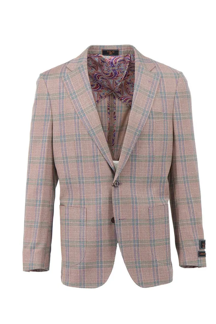 Airy Cloth Tiglio Luxe Light Salmon with Blue Windowpane Dolcetto/THP Modern Fit half lined, Pure Wool Jacket TL4222