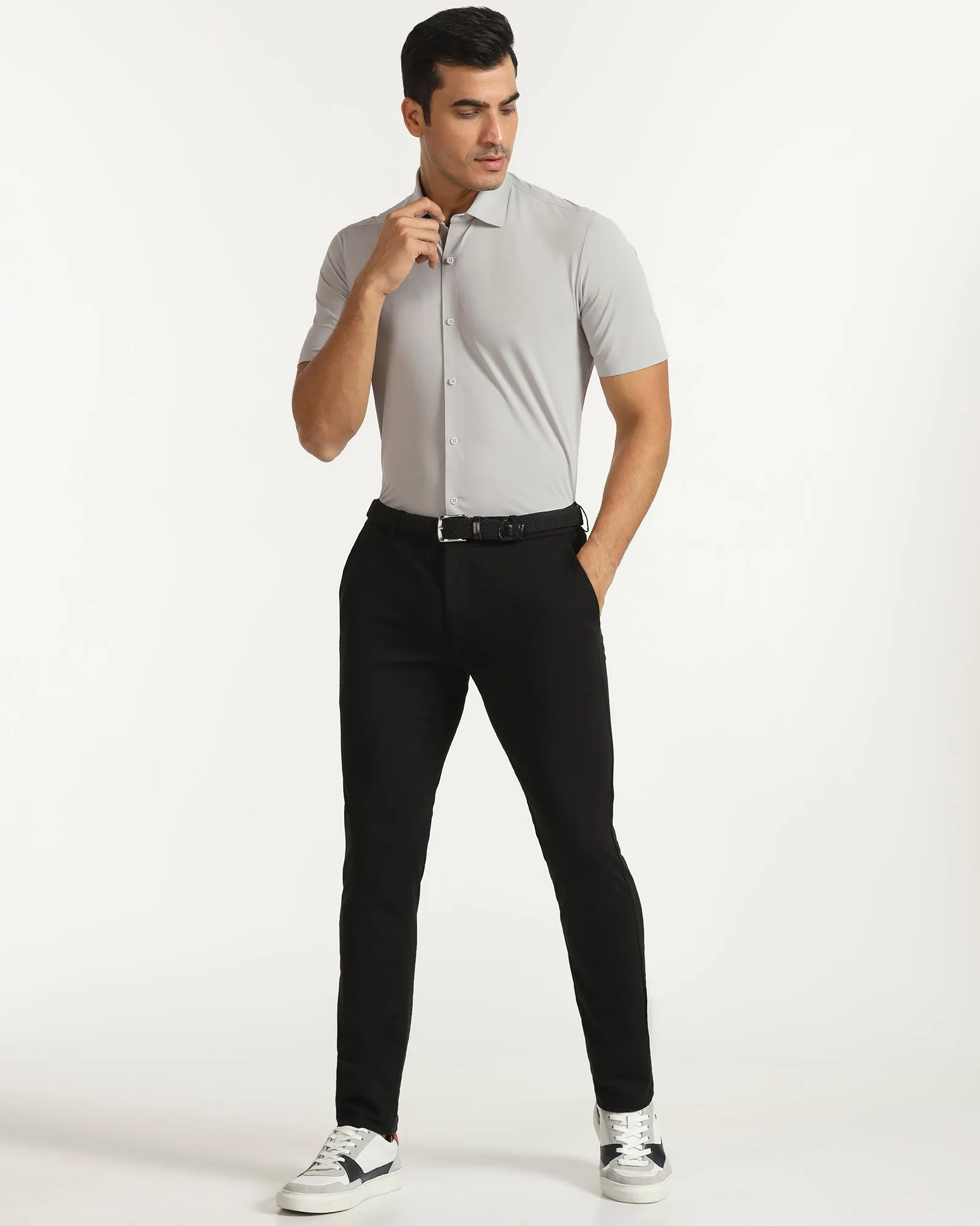 Ergonomic Sleeve Cut Festival Outfit TechPro Formal Half Sleeve Grey Textured Shirt - Kanon