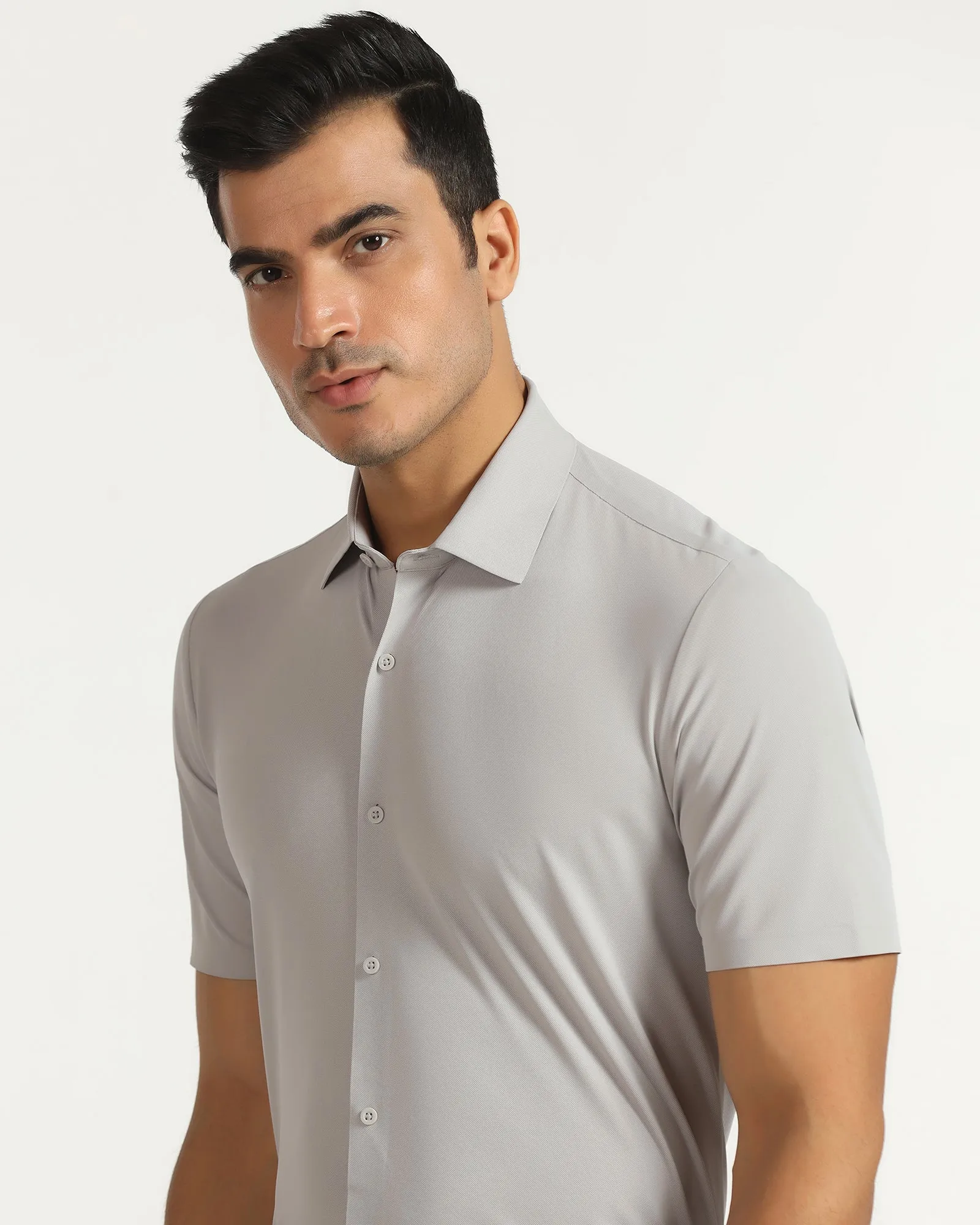 TechPro Formal Half Sleeve Grey Textured Shirt - Kanon Stretchable Material