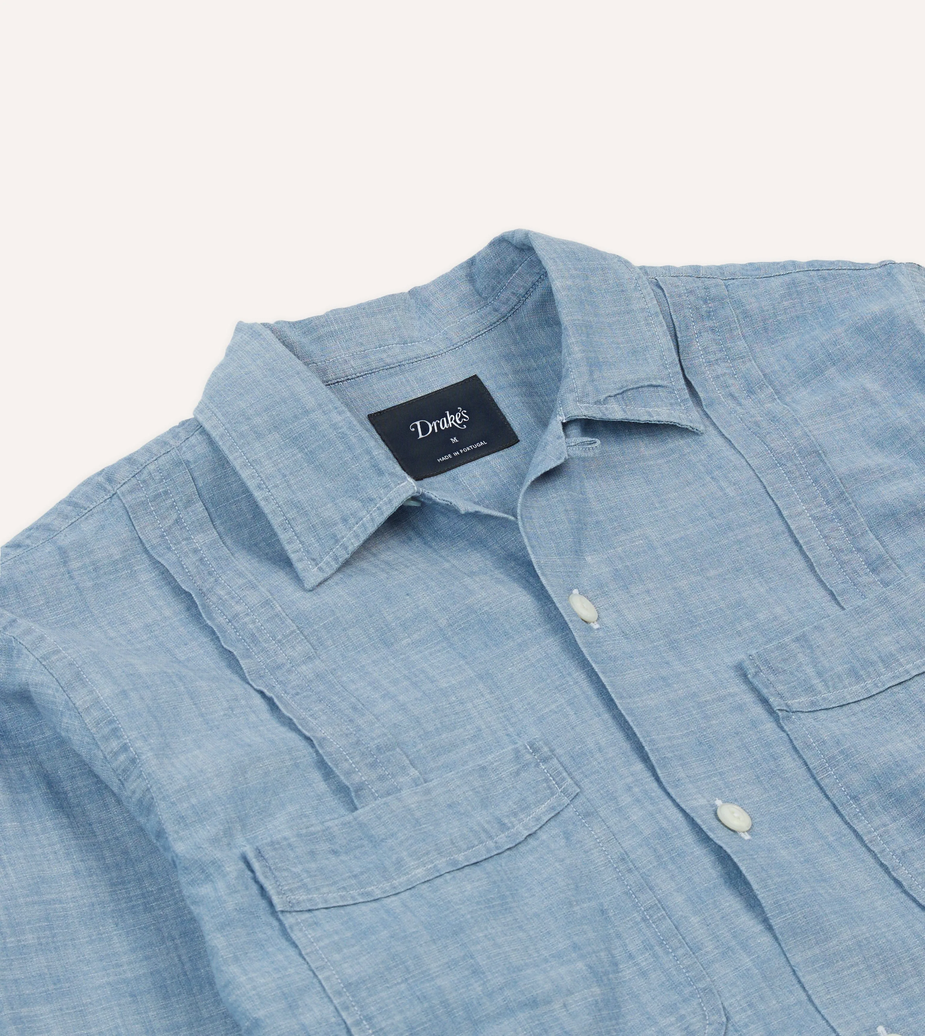 Structured Collar Bleach Wash Chambray Cotton Long Sleeve Cuban Shirt