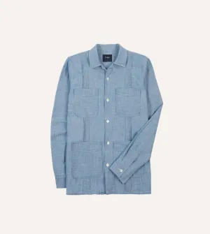 Weekend Outing Smart Appearance Bleach Wash Chambray Cotton Long Sleeve Cuban Shirt