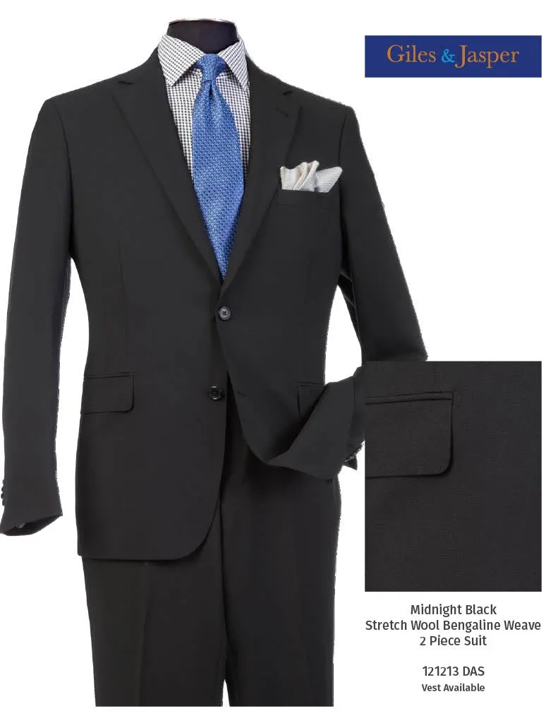 CompressionPackableFabric DoubleLayeredCuffs Giles & Jasper Suit W/Optional Vest Super 100's wool with Stretch in Black