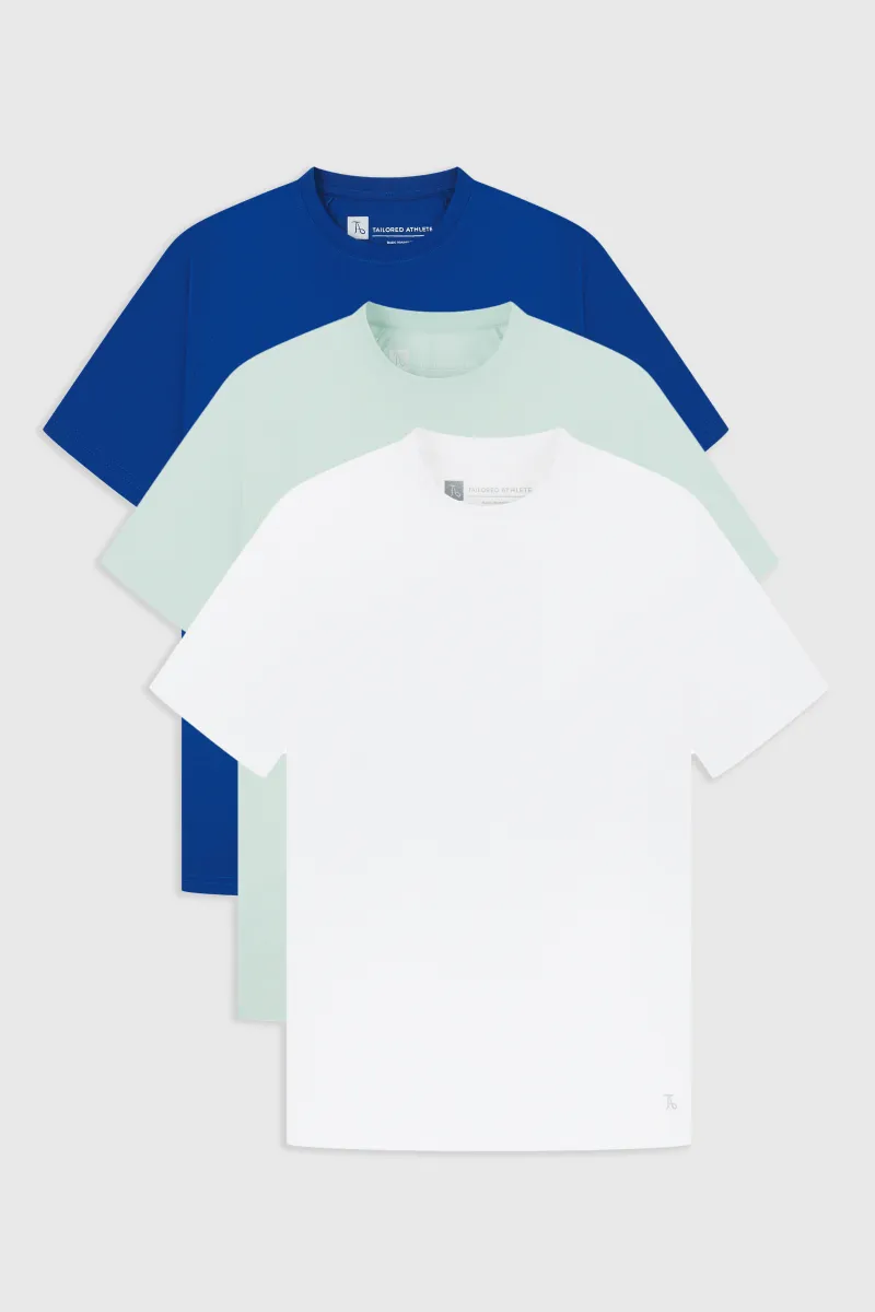 3 Pack Essential Training Top in Cobalt Blue/ Mint/ White Reinforced Shoulders skinny but not tight