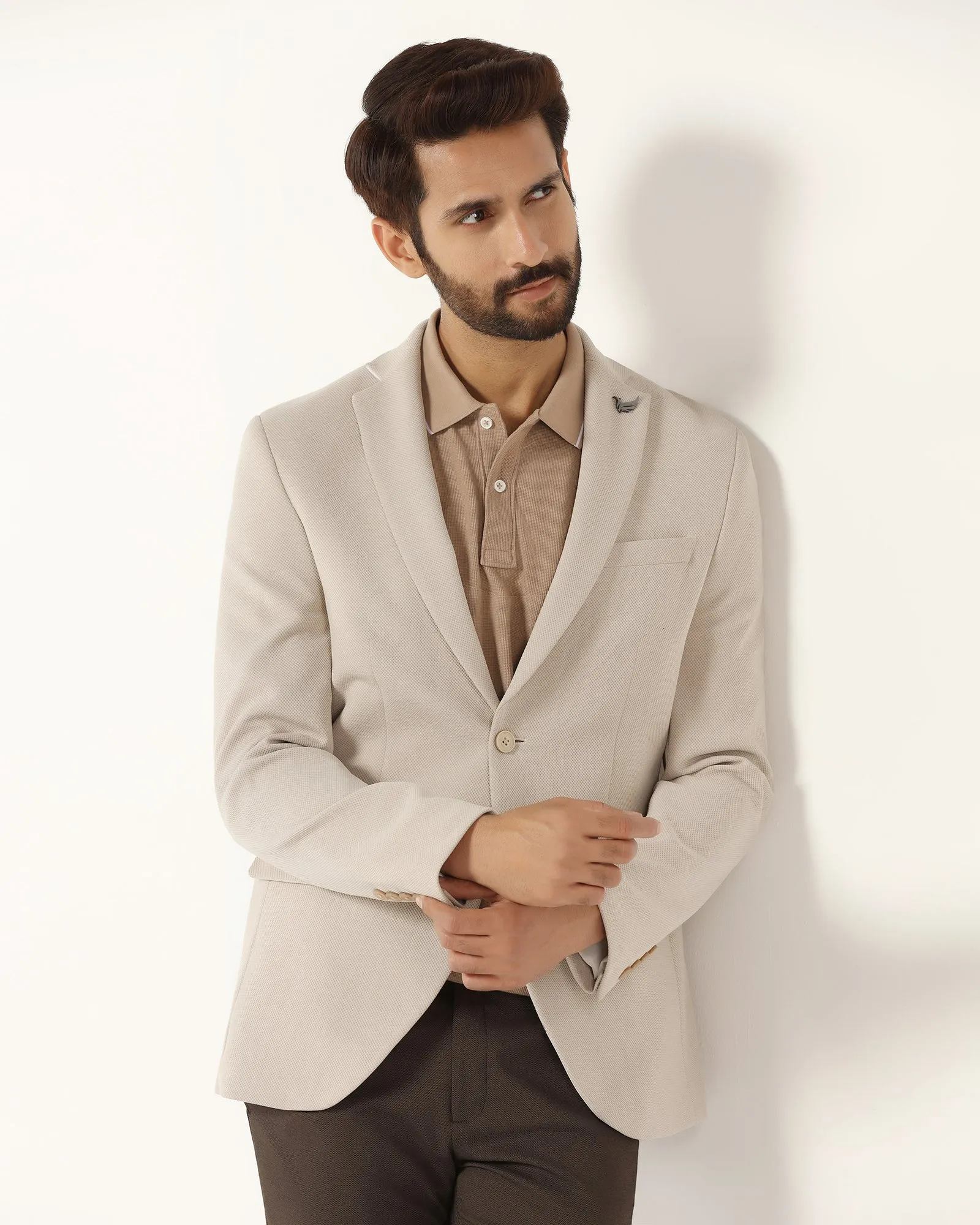 Contrast Stitch Formal Beige Textured Blazer - Revlon