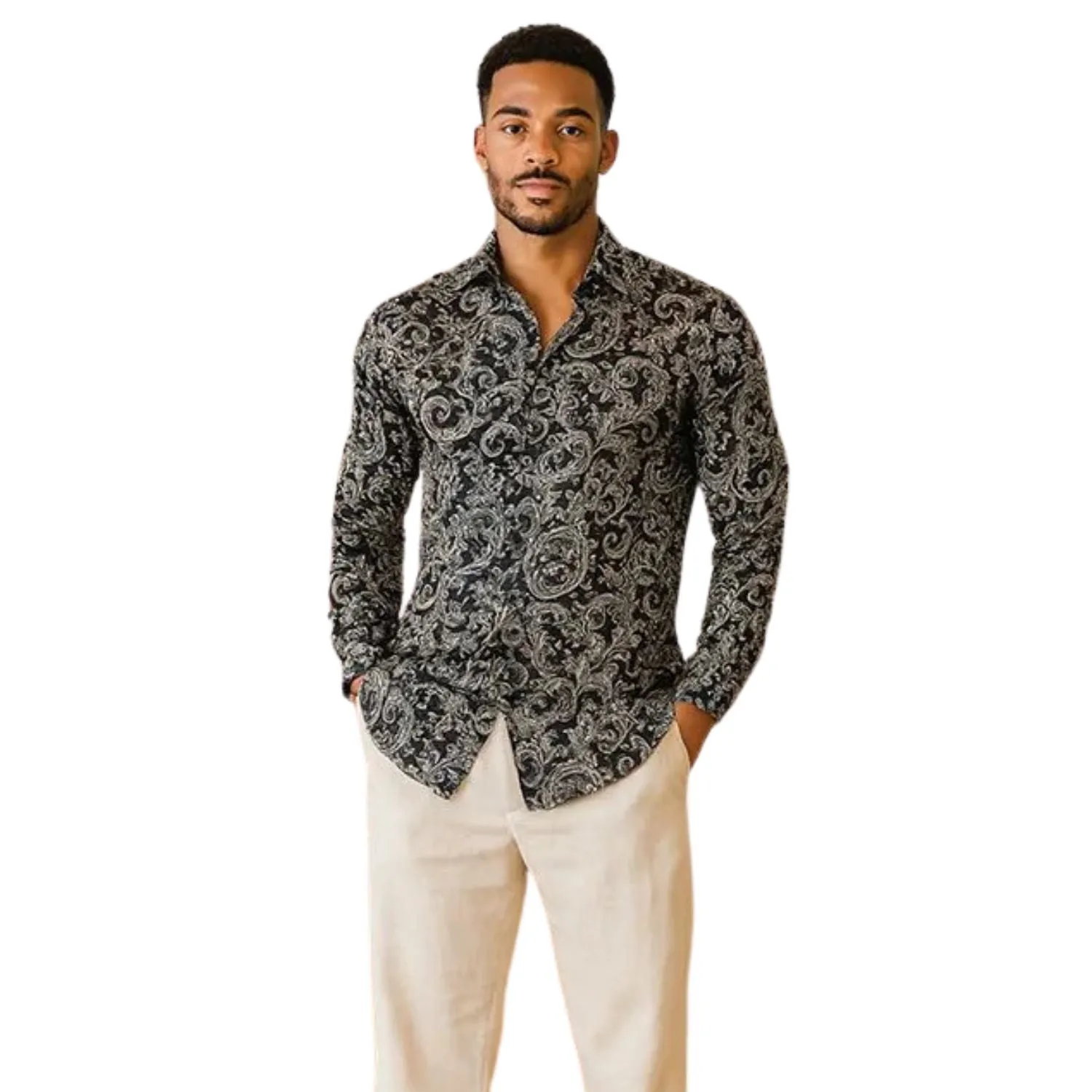 Non Restrictive Fit Breathable Cotton Cygnus Collection: Stacy Adams Black Scroll Print Long Sleeve Shirt