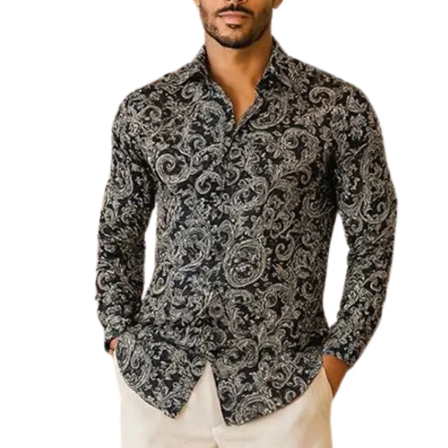 Cygnus Collection: Stacy Adams Black Scroll Print Long Sleeve Shirt Fade Resistant Formula