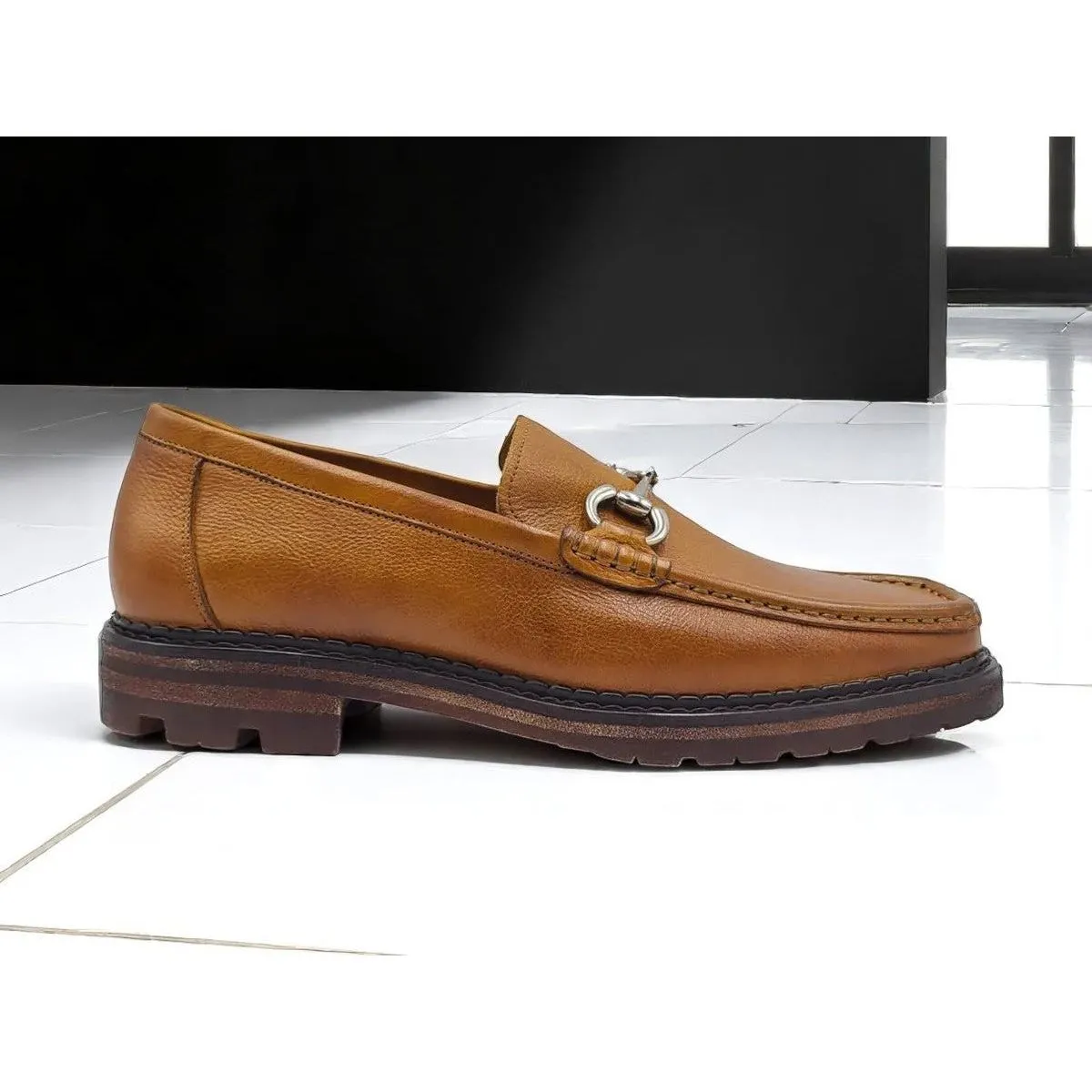 Carrucci Cognac Horsebit Lug Bottom Casual Loafer Pebble Leather Shoe Art Spot Lane Cool Vibe
