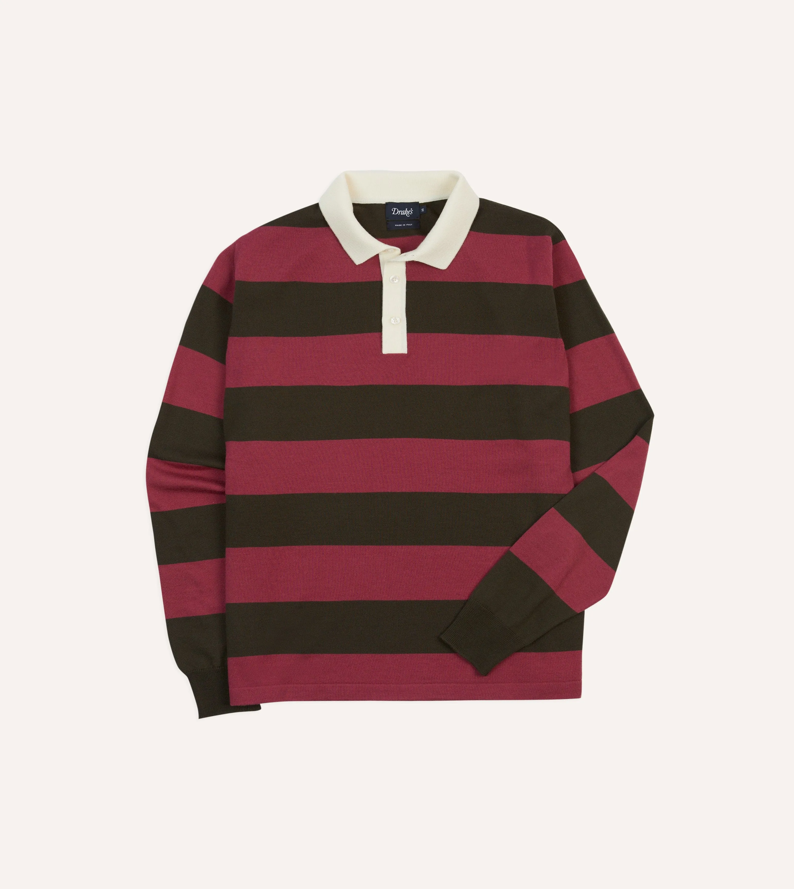 Fitted Shape Pink and Olive Block Stripe Knitted Rugby Shirt