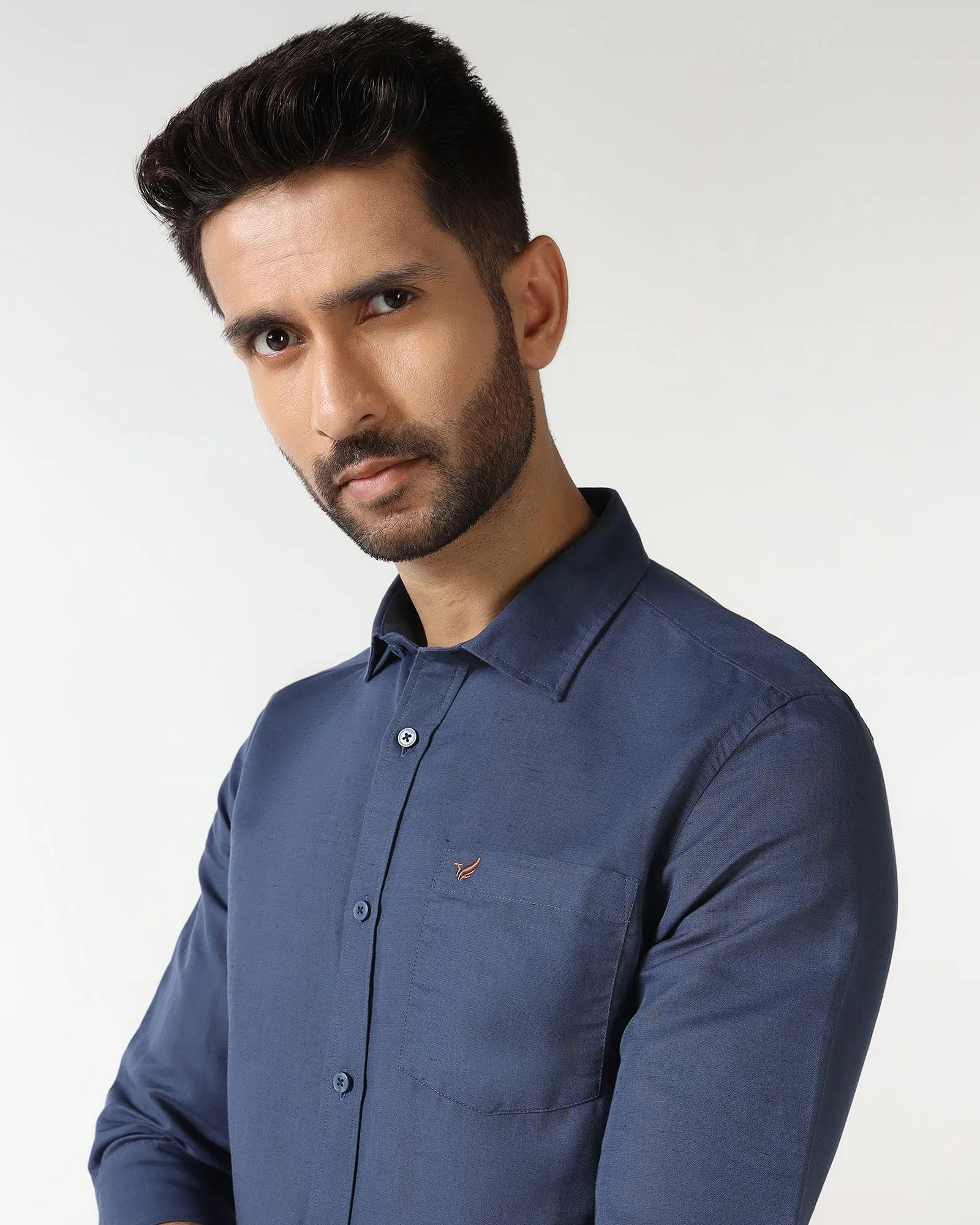 Blue Linen Solid Shirt - Salmon Vibrant Colors Reinforced Shoulders