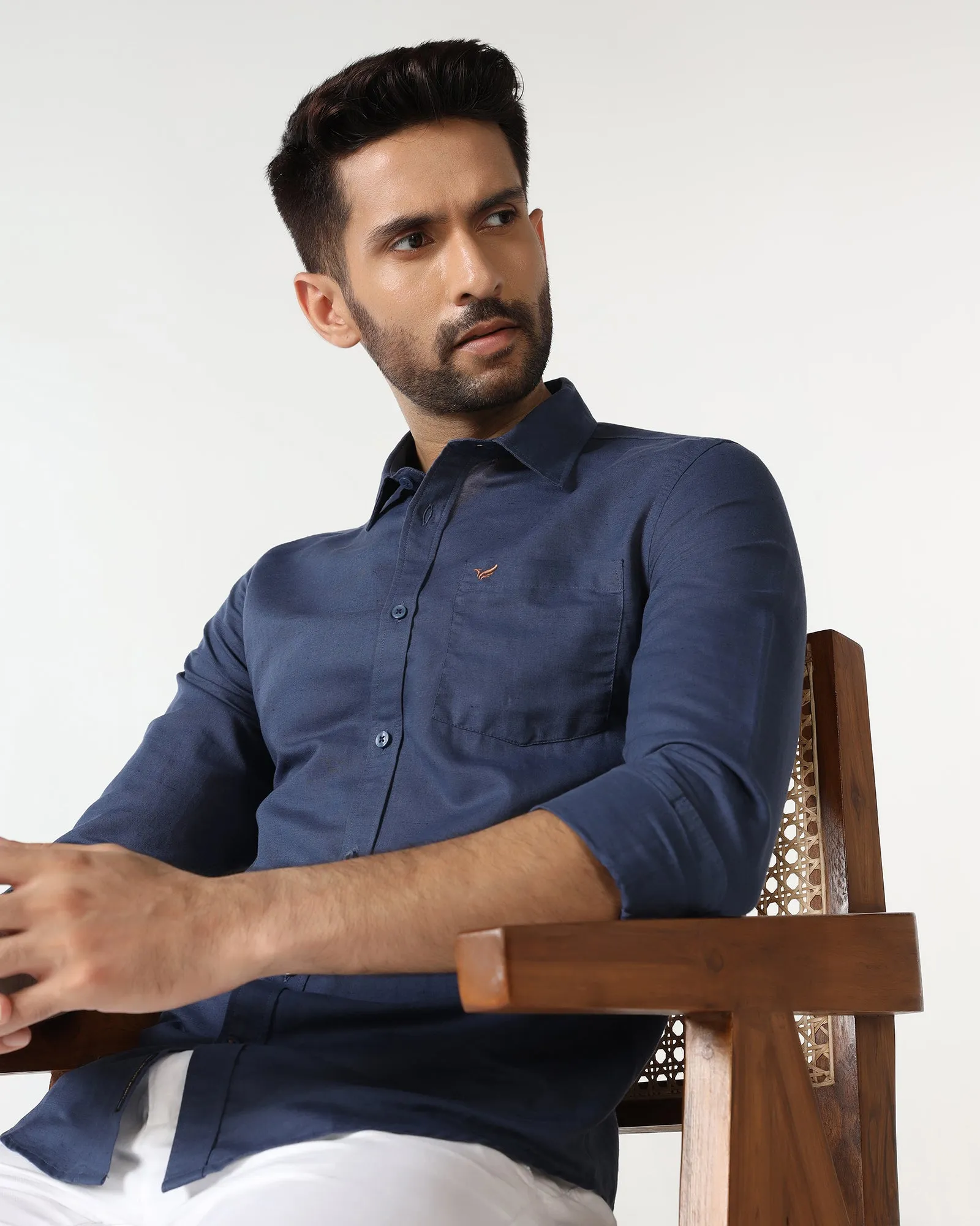 Yoke Design Loose Fit Blue Linen Solid Shirt - Salmon