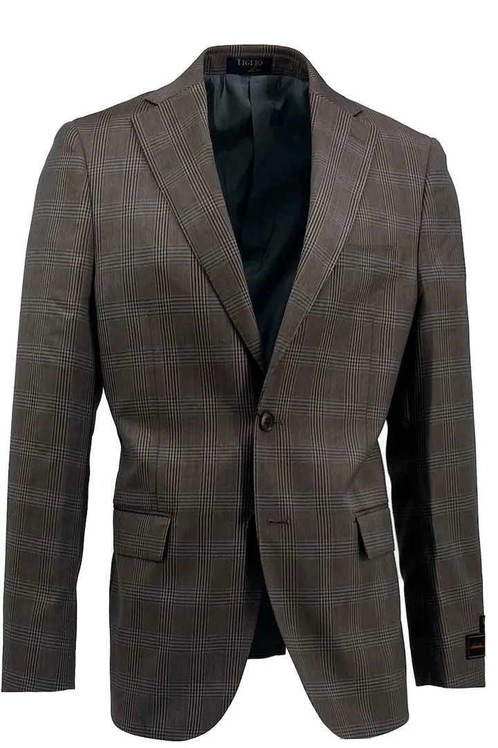 Tiglio Luxe Gray Brown with Windowpane Dolcetto Modern Fit, Pure Wool Jacket TL3382 Double layer fabric