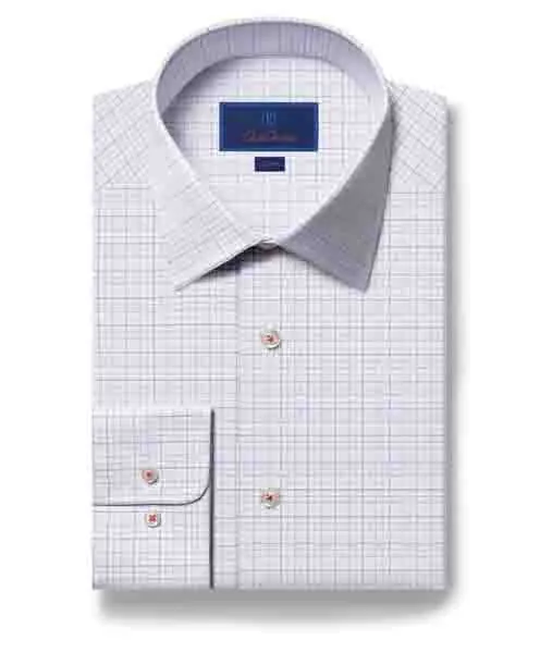 Eco-Friendly Choice David Donahue Trim Fit Fine Check Dress Shirt in White/Coral