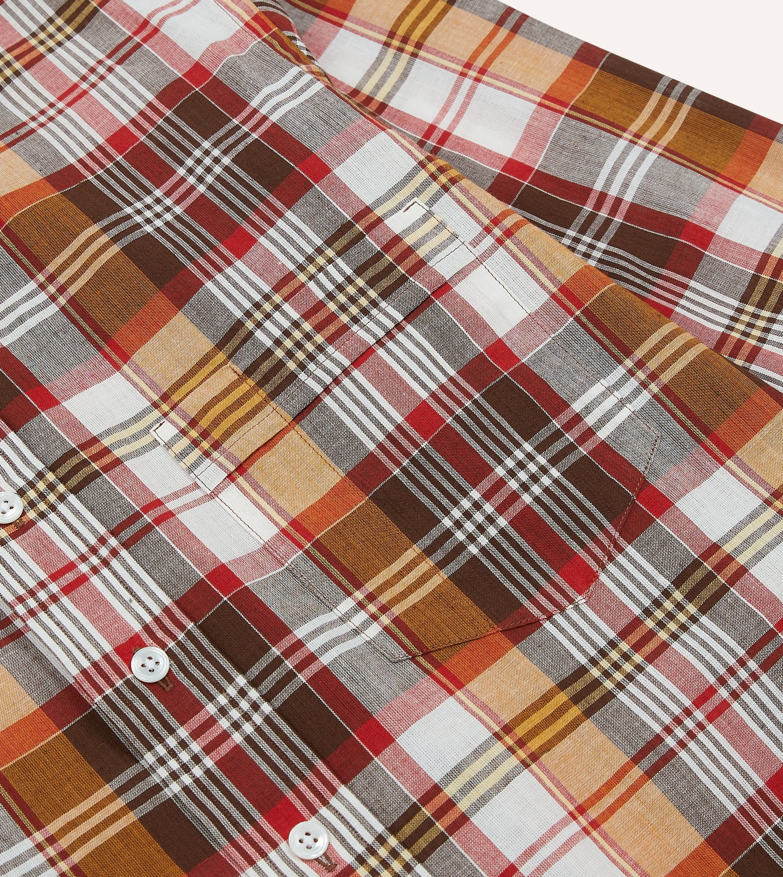 Special Occasion Holiday Gift Brown and Red Madras Check Cotton Button-Down Shirt