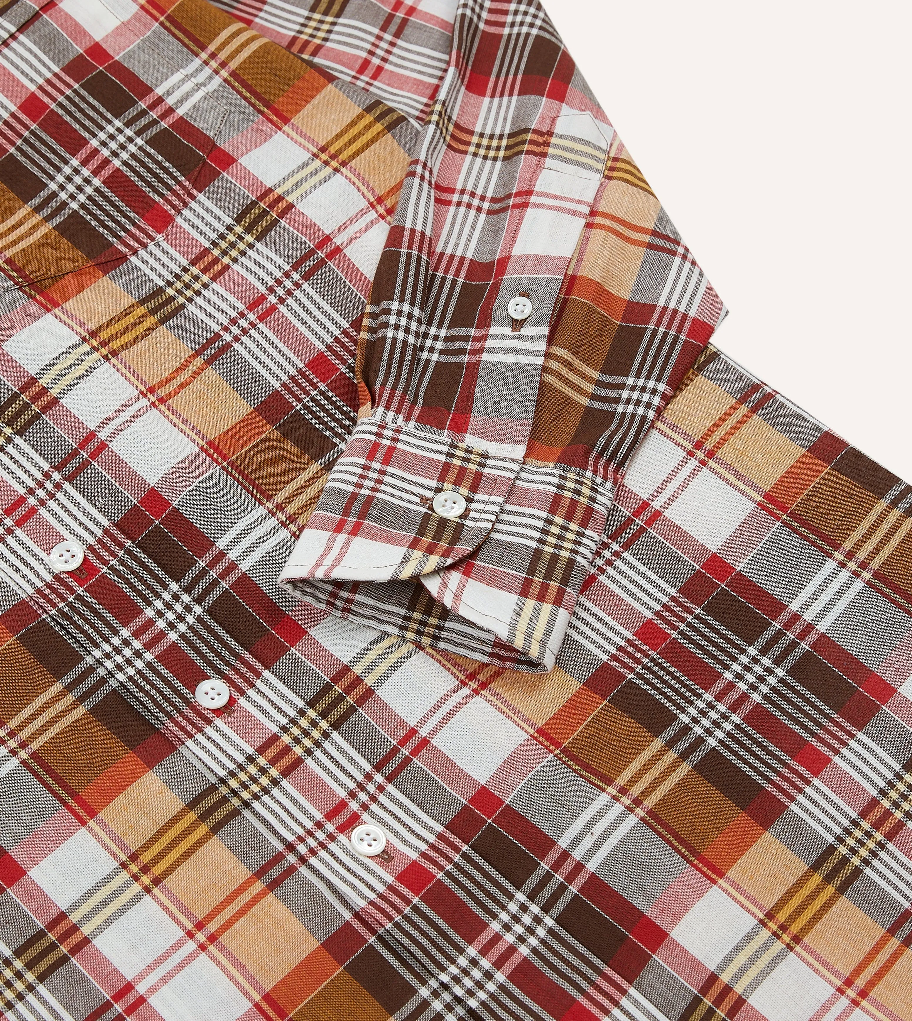 Brown and Red Madras Check Cotton Button-Down Shirt Traveler??s Choice