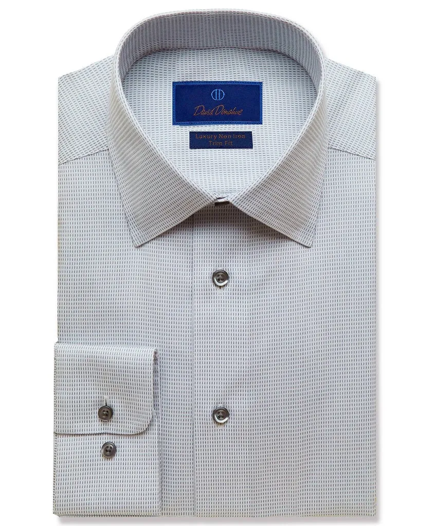 Soft Stretch Collar Camouflage Print David Donahue Trim Fit Non-Iron Dress Shirt in White/Grey Stripe