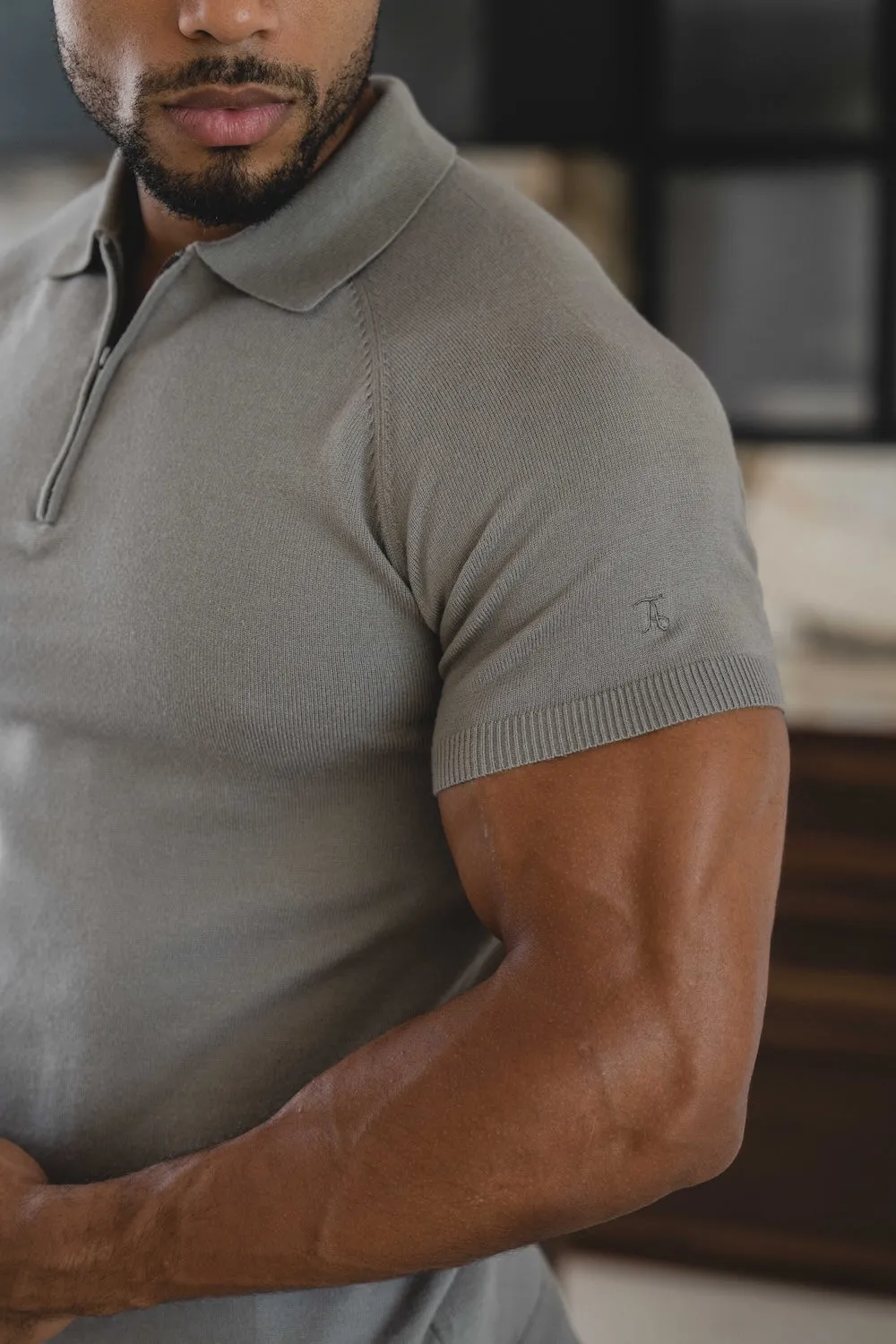 Reinforced Collar Stay Knitted Half Zip Neck Polo in Dark Sage