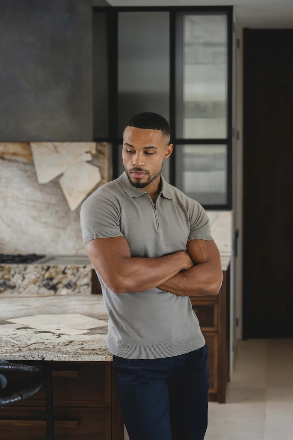 Knitted Half Zip Neck Polo in Dark Sage Quick-Dry Fabric