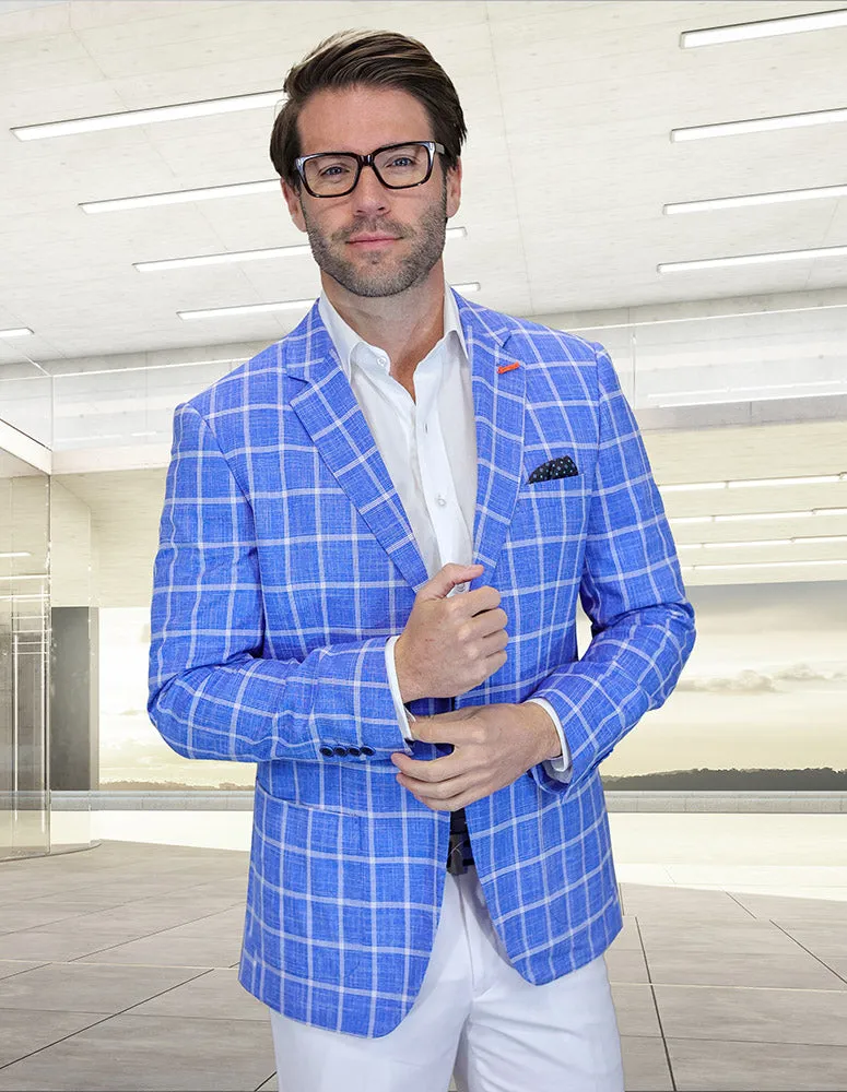 ASHTON STEEL BLUE WINDOWPANE MODERN FIT BLAZER Abrasion Resistant Edging