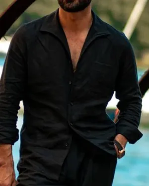 Sky Cool Summer Shirt in Black Linen Classic with one piece collar placket