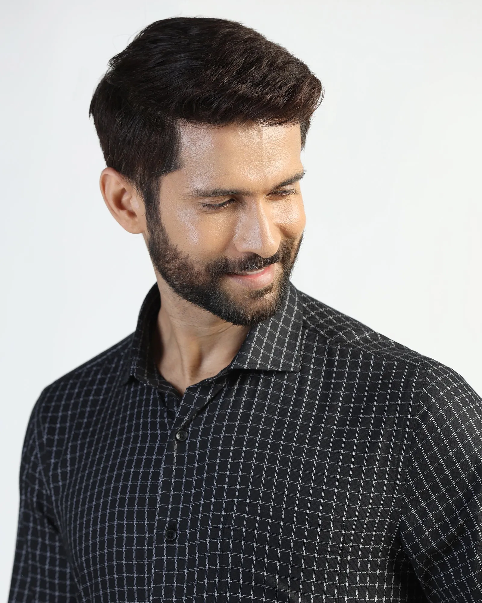 Geometric Design Formal Black Check Shirt - Drone