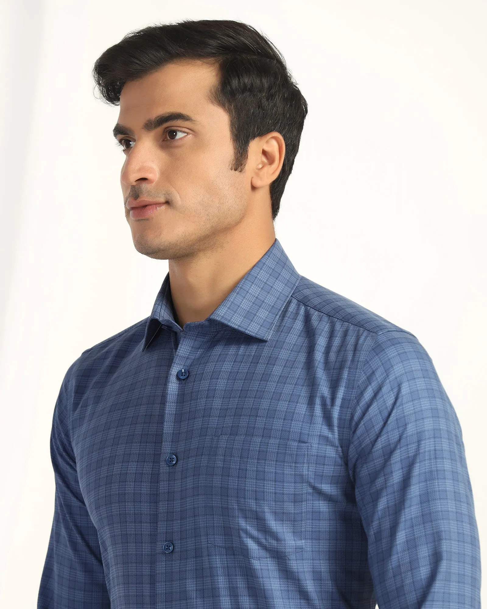 Temp Tech Formal Navy Check Shirt - Victor Functional Pocket Shimmer Effect