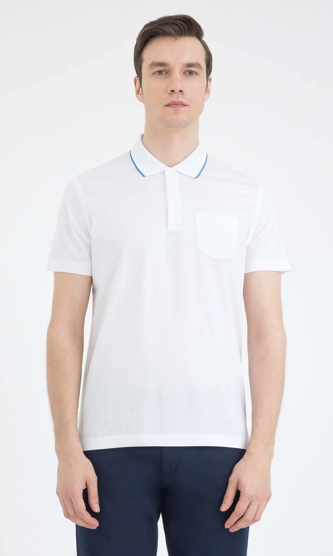 Regular Fit Blue-Tipped Collar Cotton White Polo T-Shirt Breathable mesh