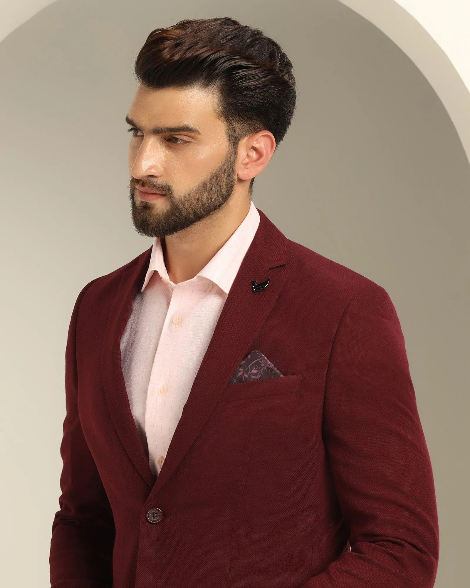 Formal Wine Textured Blazer - Sarwin Long Sleeves Warm Layers
