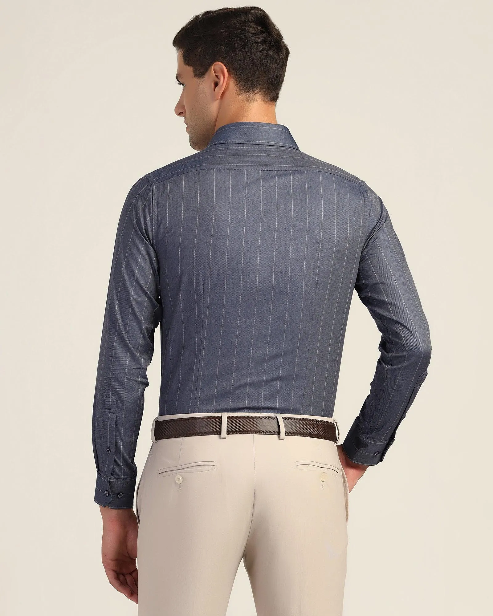 Pre Shrunk Cotton Blend Formal Navy Stripe Shirt - Orbit