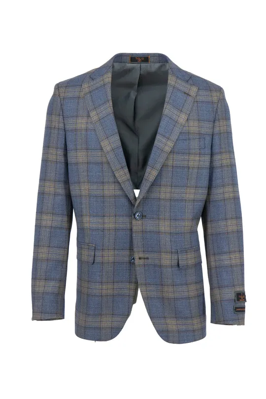 Tiglio Luxe Aegean Blue with Camel Windowpane Dolcetto Modern Fit, Pure Wool Jacket TL7517 Frictionless Zipper Tracks