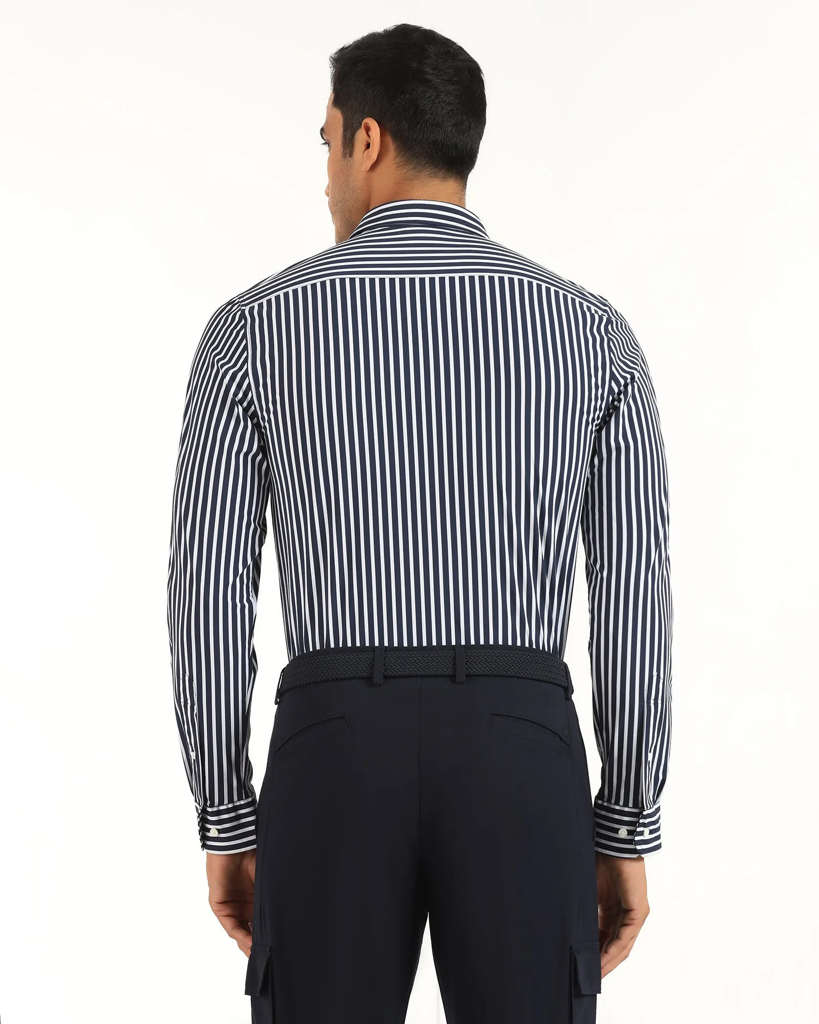 Premium Feel Petite Cut TechPro Formal Navy Stripe Shirt - Frost