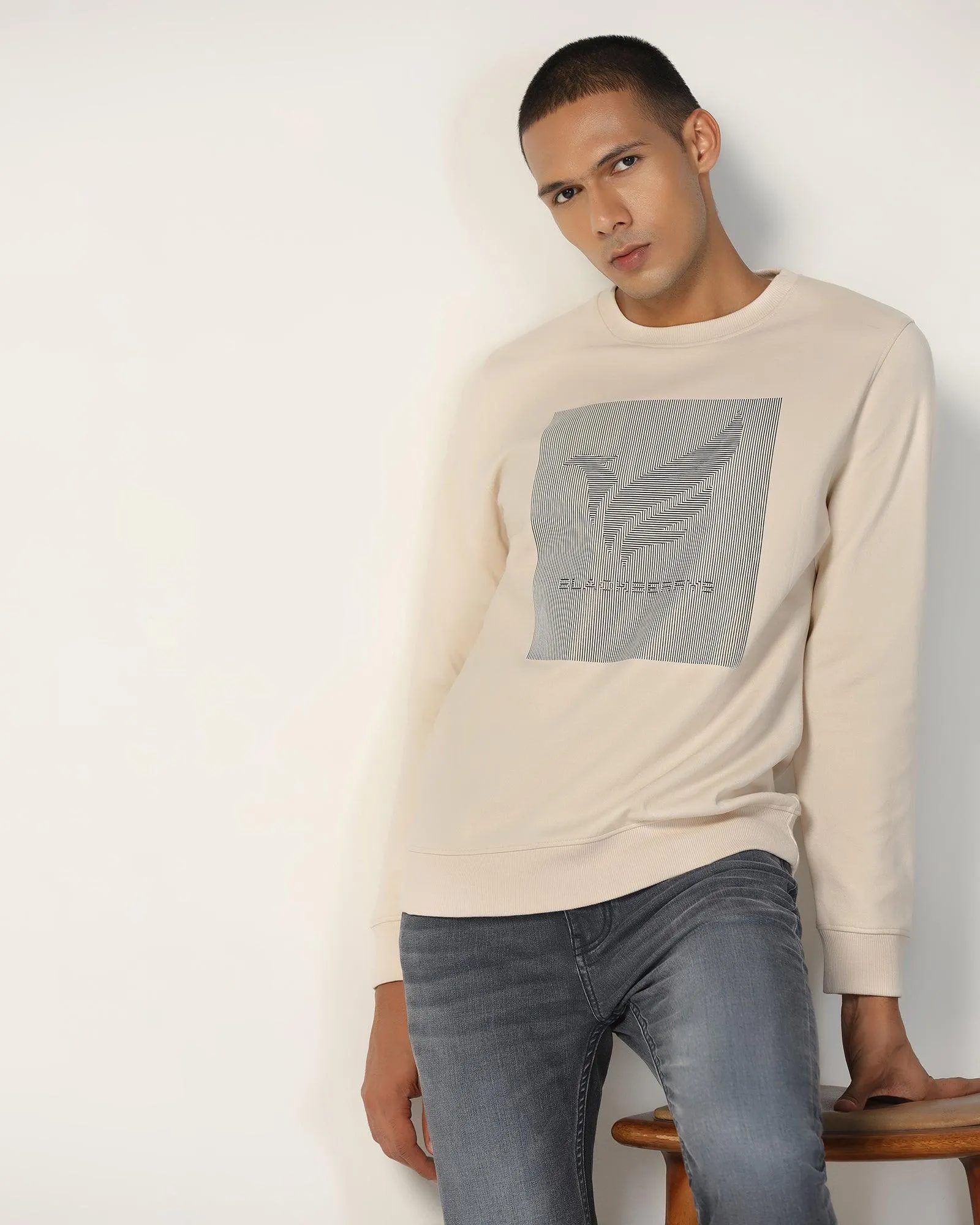 Spring Glow Simple Top Crew Neck Beige Solid Sweatshirt - Stroke