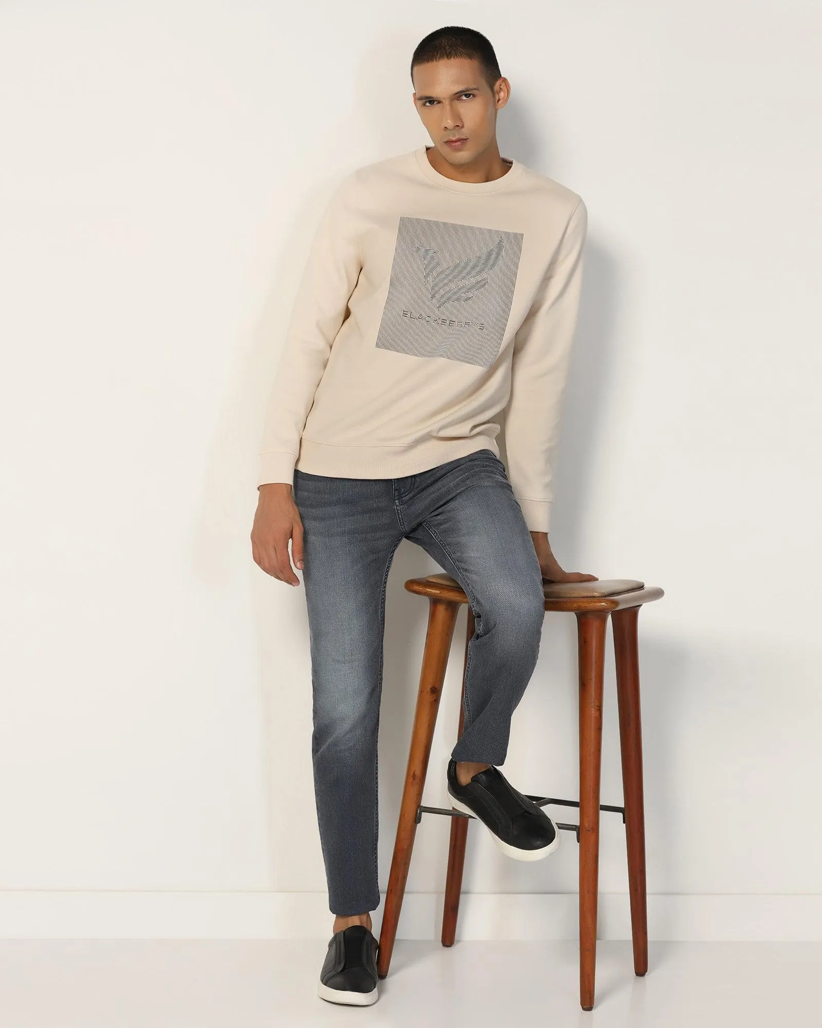 Crew Neck Beige Solid Sweatshirt - Stroke Cozy Style