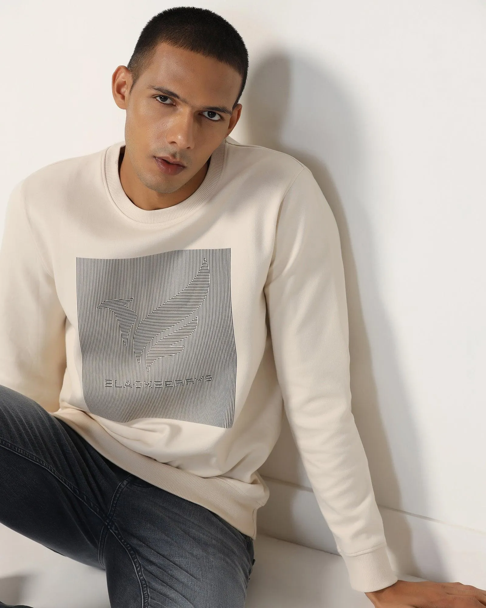 NonRestrictiveFit Colorfast Dye Crew Neck Beige Solid Sweatshirt - Stroke