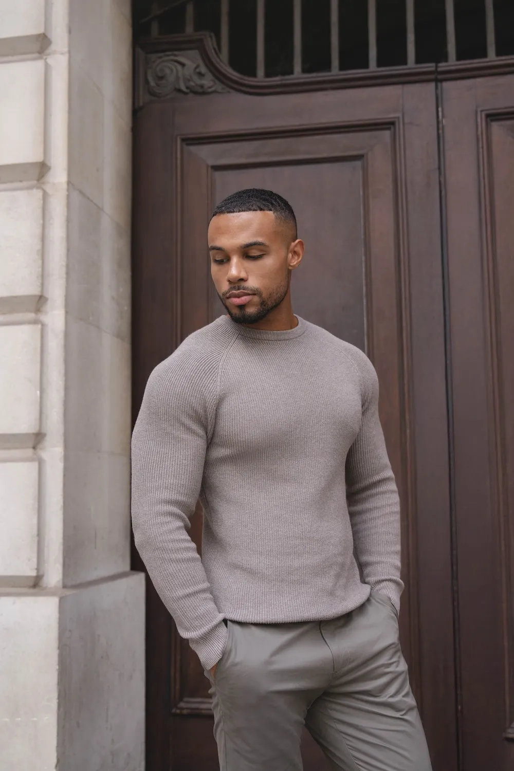 Pure Cotton Knitted Textured Crew Neck Sweater in Brown Marl Peace Core WrinkleResistant Finish