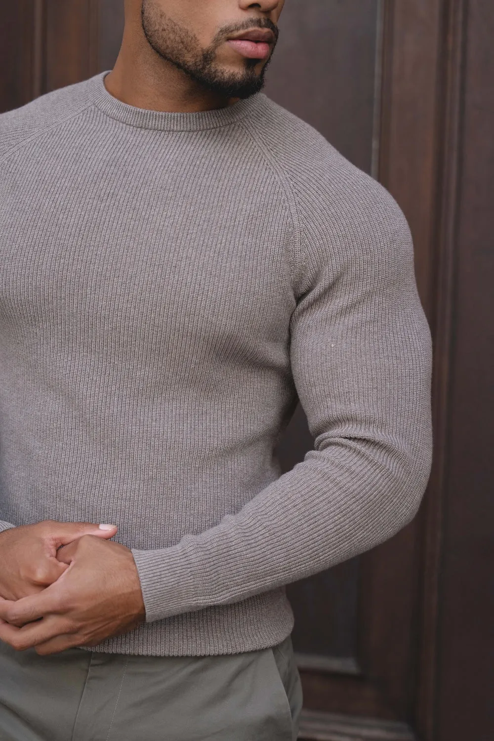 Trend Glow Pure Cotton Knitted Textured Crew Neck Sweater in Brown Marl