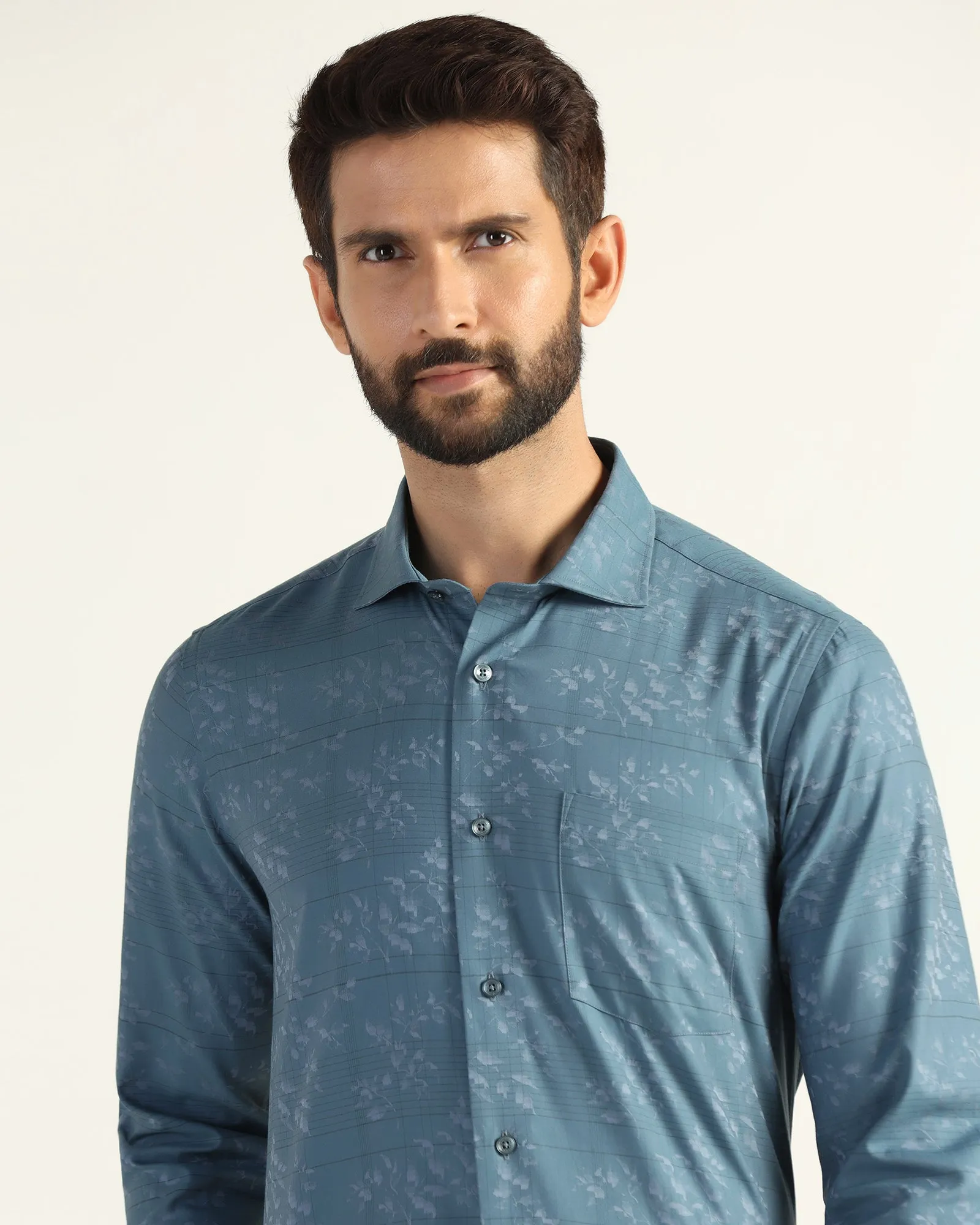 Vintage Style Tall Length Formal Blue Jacquard Shirt - Switch