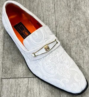 Exclusive Formal Dress Shoe White Paisley with Buckle SL0096 Low Profile