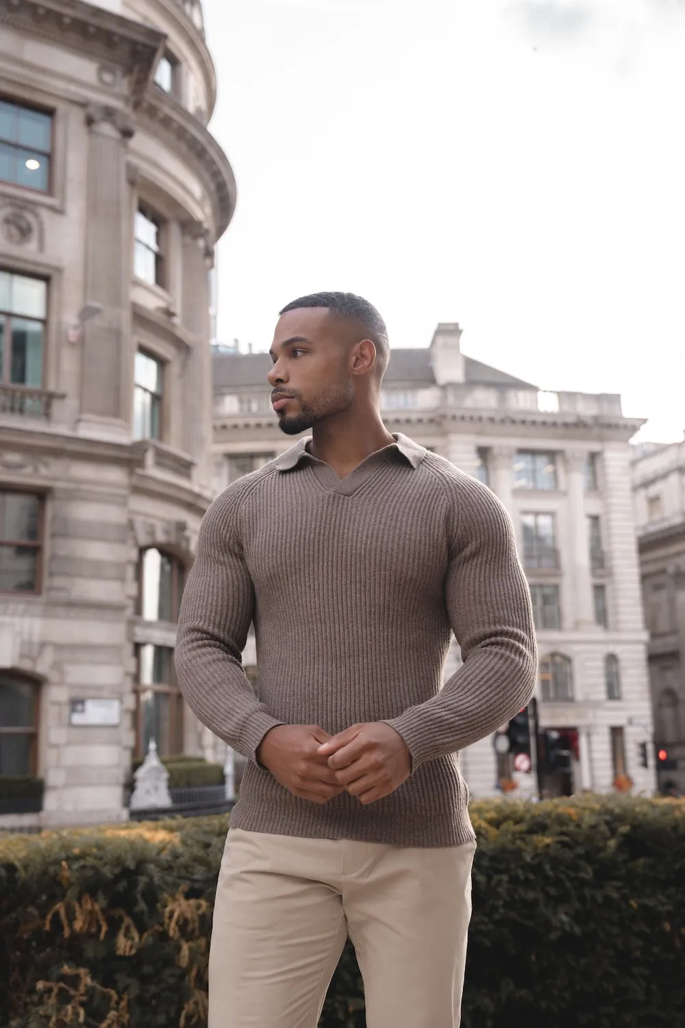 Fisherman Rib Open Collar Polo Shirt in Brown Easy Wear Flexible Comfort