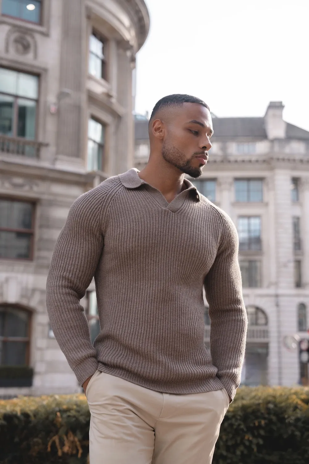 Fisherman Rib Open Collar Polo Shirt in Brown Outdoor Jacket Seasonal Fashion