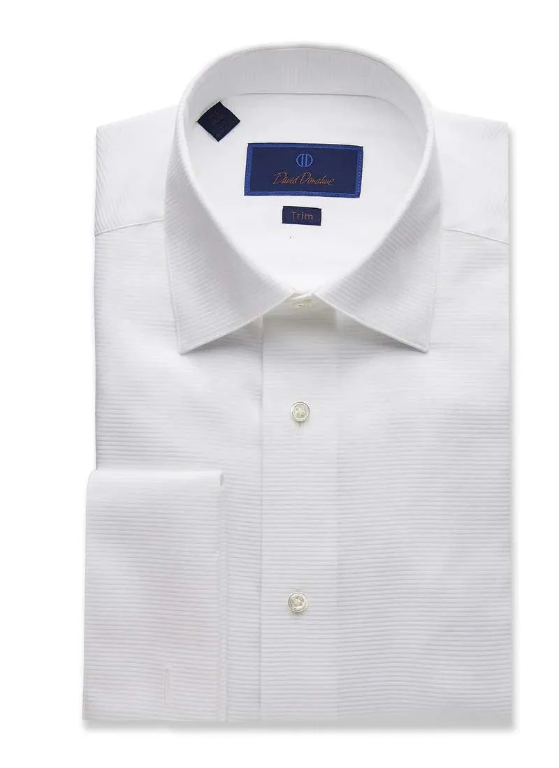 David Donahue Trim Fit Horizontal Rib French Cuff Formal Shirt in White Weekend Casual