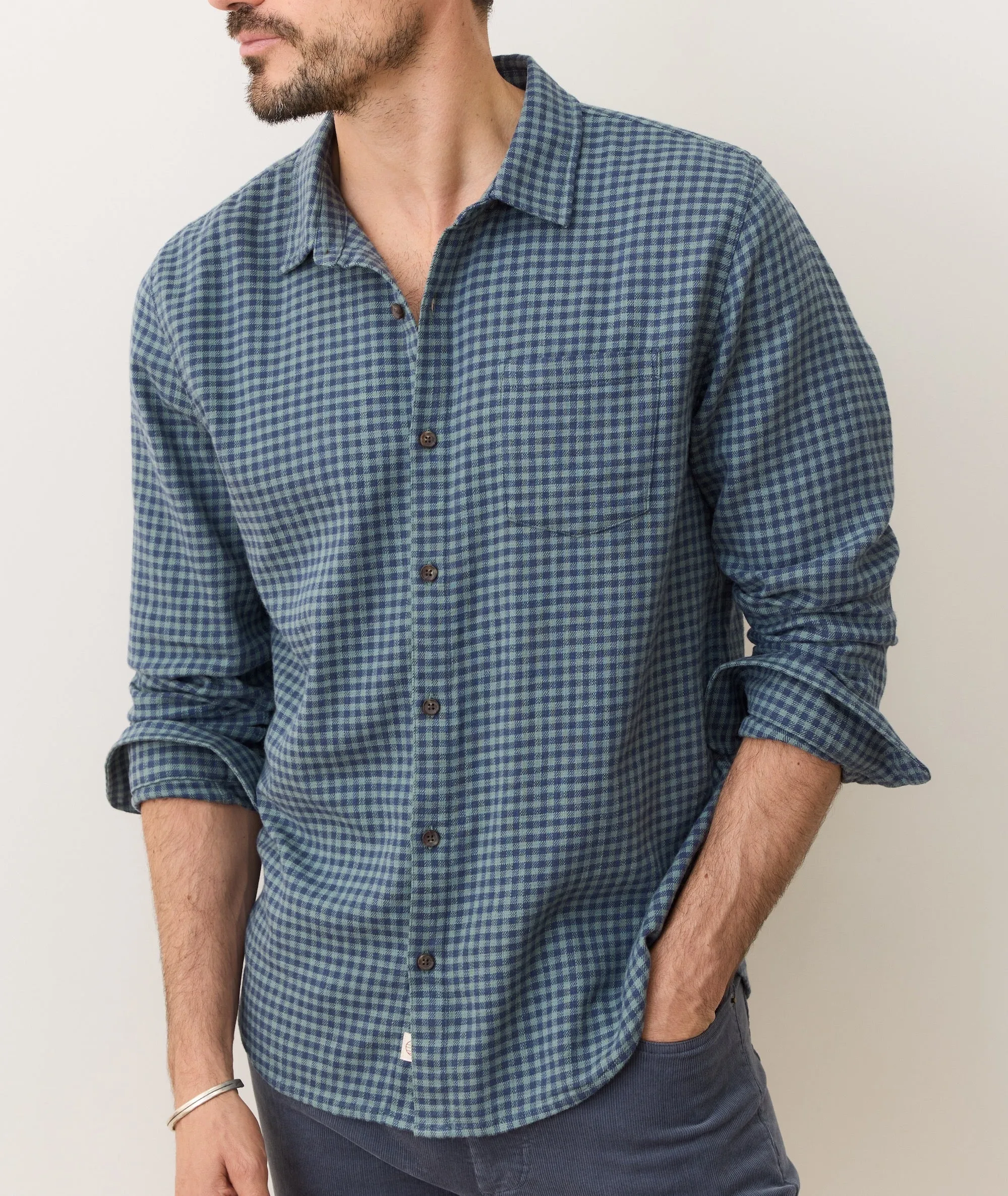 Stretch Selvage Shirt - Green/Navy Gingham Vintage Soul