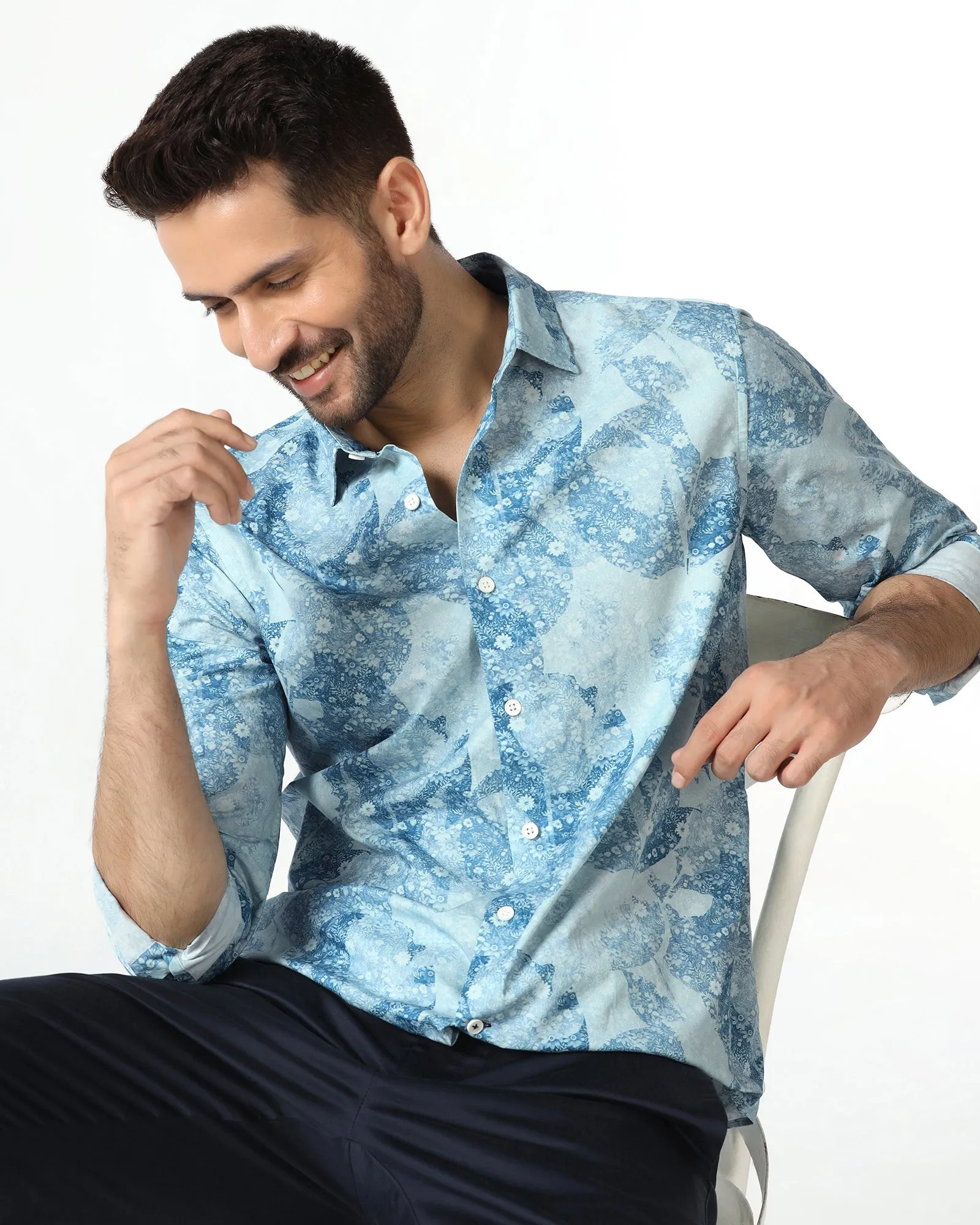 Blue Printed Shirt - Mose Summer Fashion Split hem