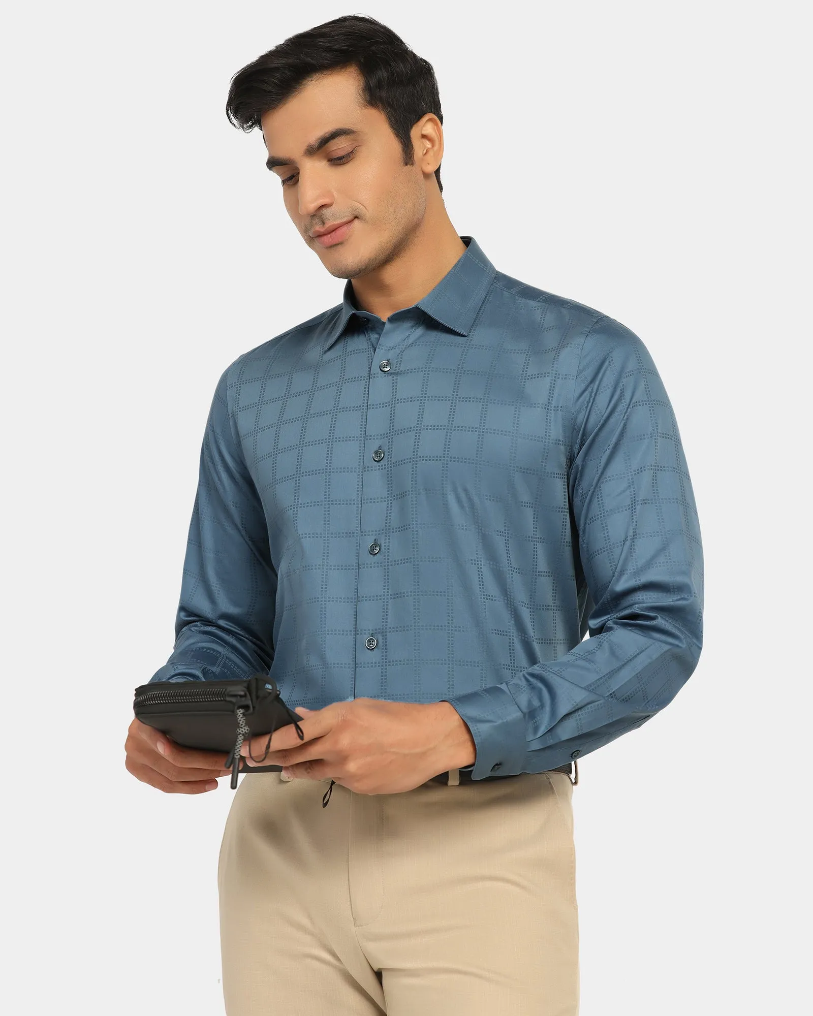 Formal Blue Check Shirt - Rhythm Snug feel Shimmer Effect