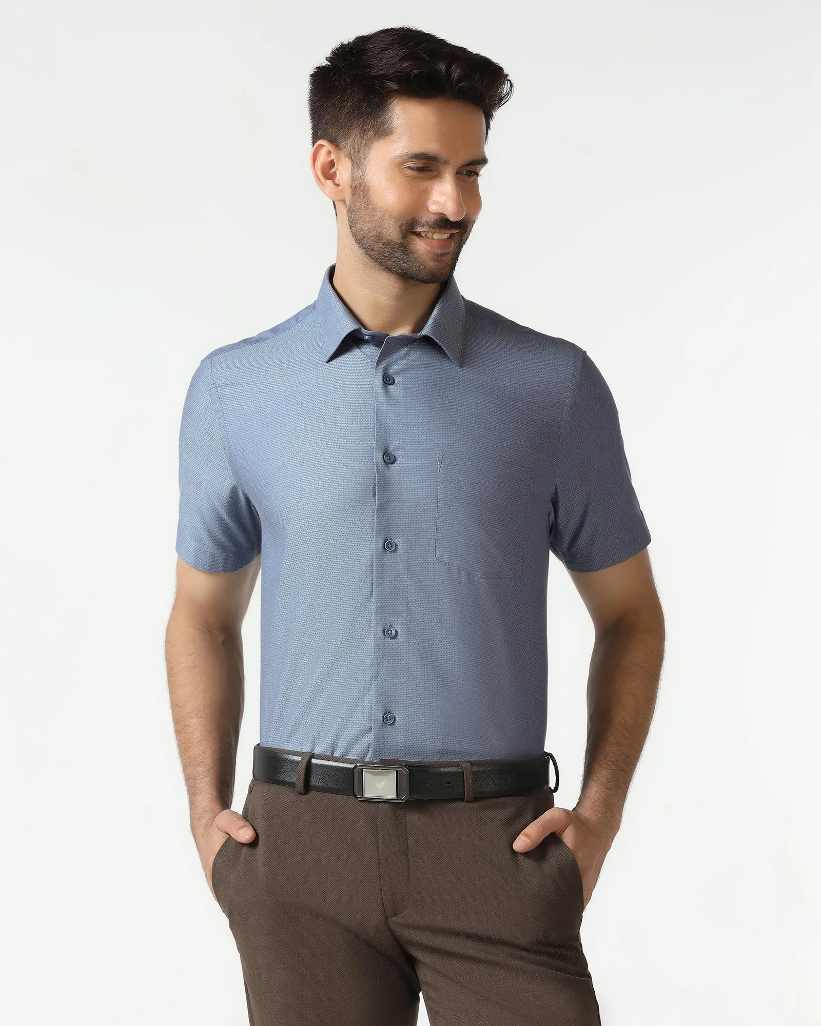 Modern Aesthetic High-End Look Mid Blue Half Sleeve Textured Shirt - Zander