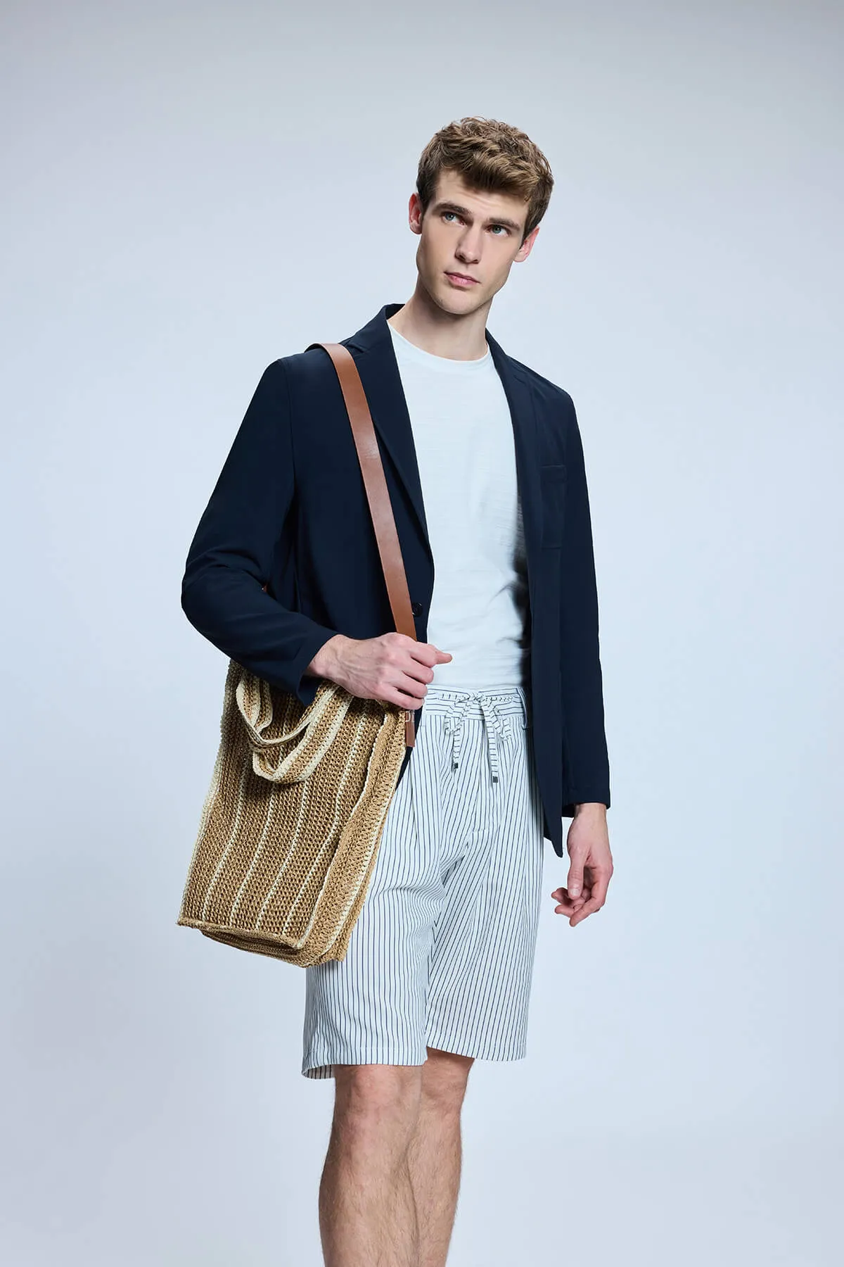 beach goers Comfortable Style Dynamic Fit White Striped Linen-Blend Shorts