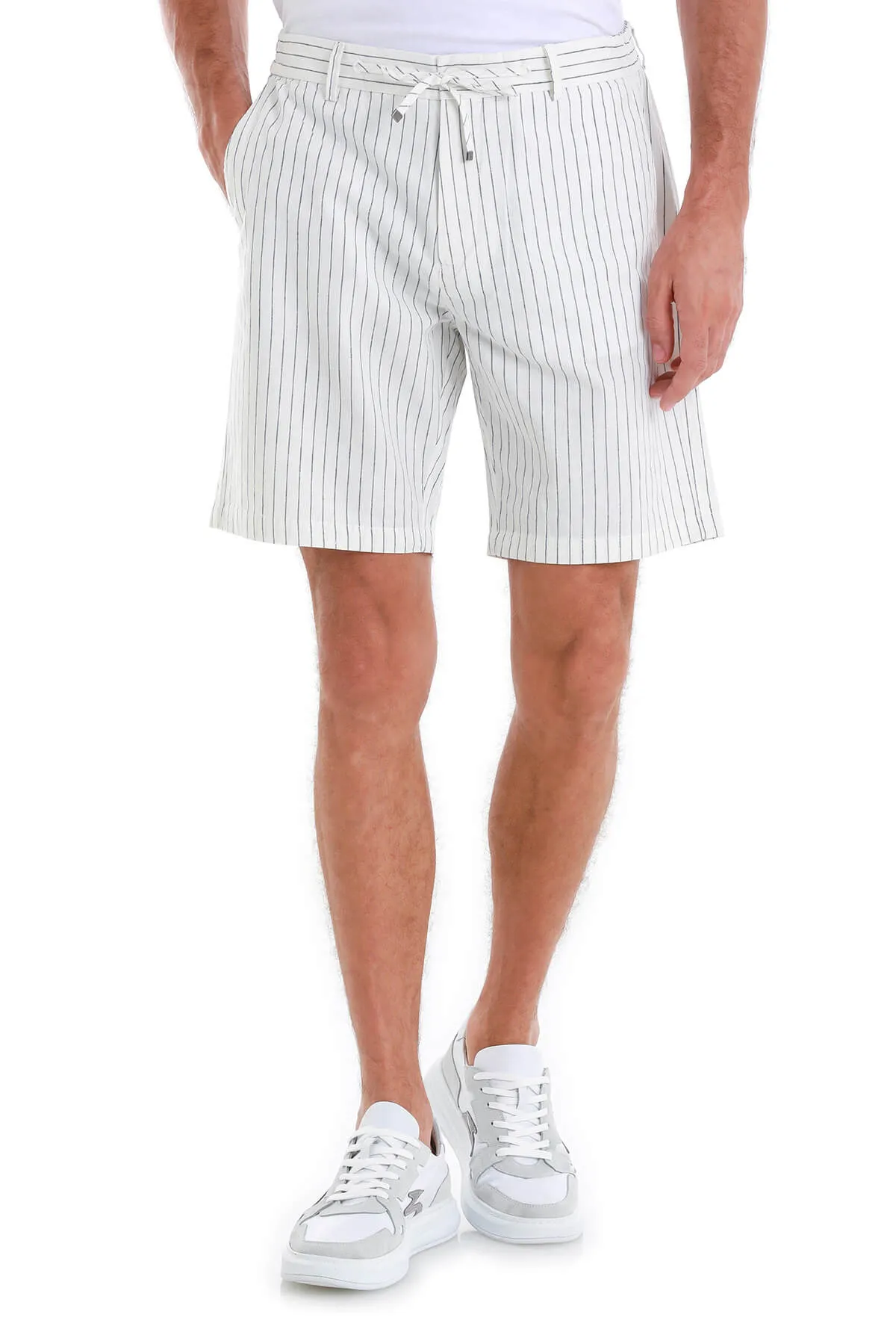 Dynamic Fit White Striped Linen-Blend Shorts Comfort Flex Wear