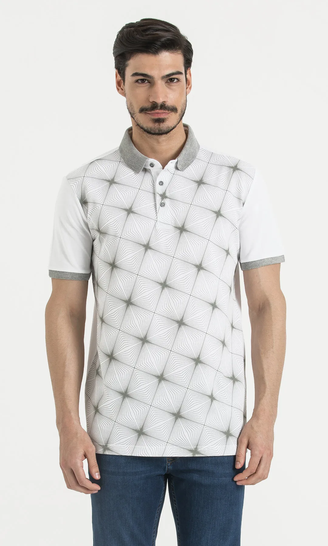 Regular Fit Printed Cotton White - Gray Polo T-Shirt ButtonDown Collar Professional Comfort