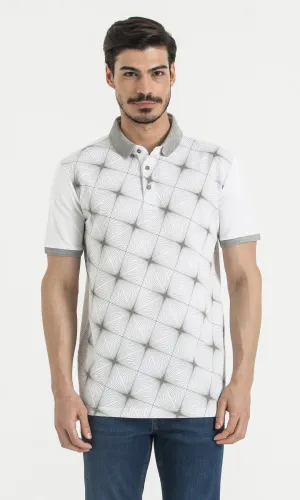 Soft Jersey Fabric Regular Fit Printed Cotton White - Gray Polo T-Shirt